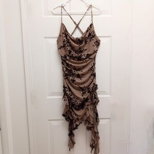 Fashion Nova Mesh Velvet Burnout Mini Dress Taupe XL Floral Whimsigoth Night Out